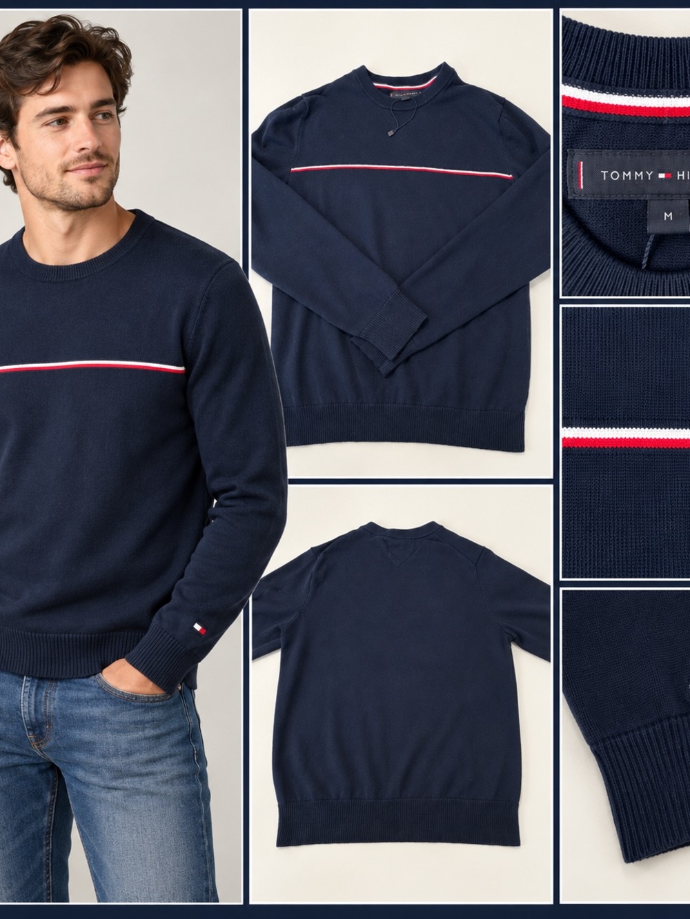 Tommy Hilfiger Men’s Sweater M Navy Blue Crewneck Red White Stripe Logo
